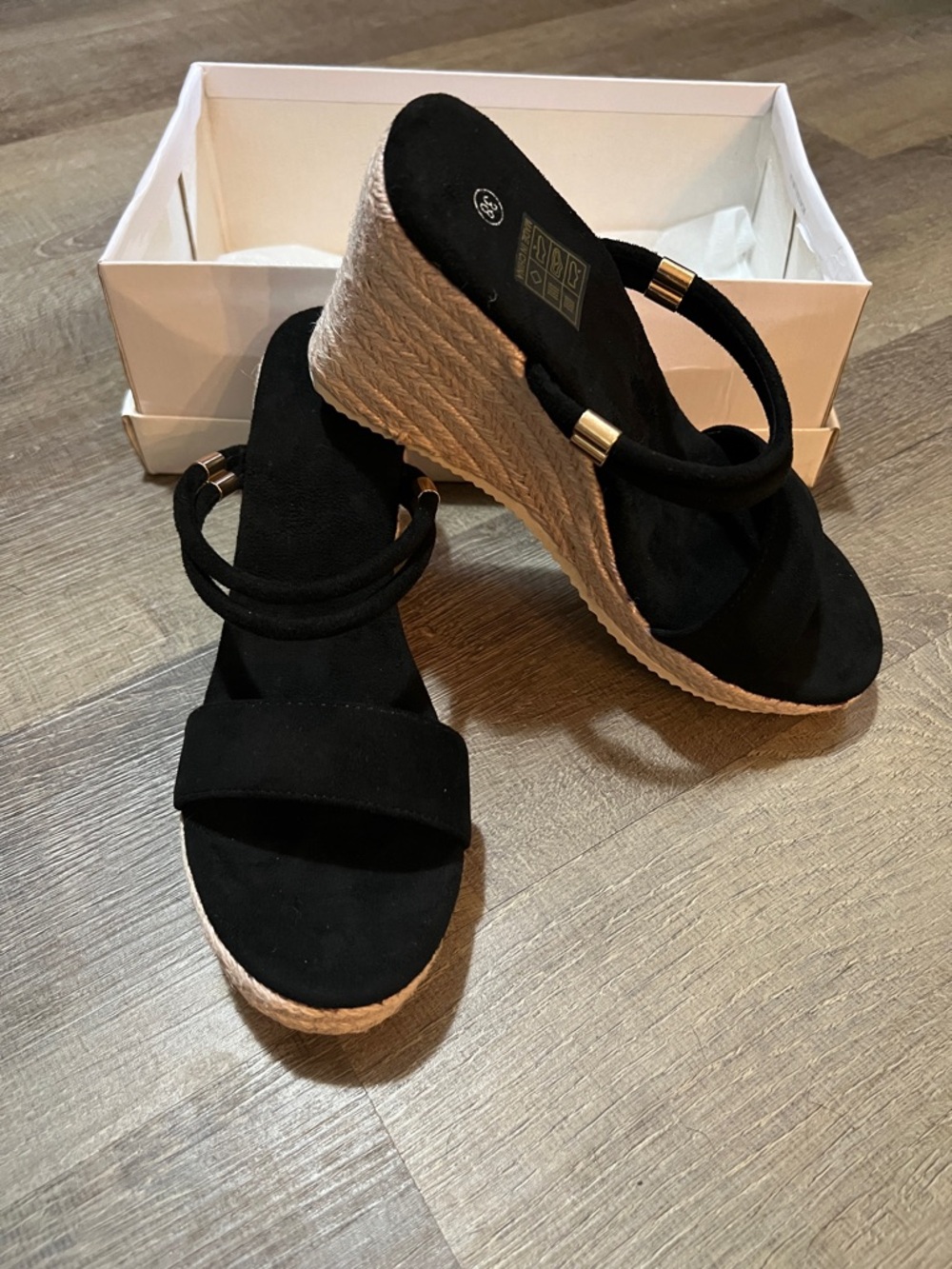 Black Espadrille Wedge Sandals with Gold Accents - BRAND NEW